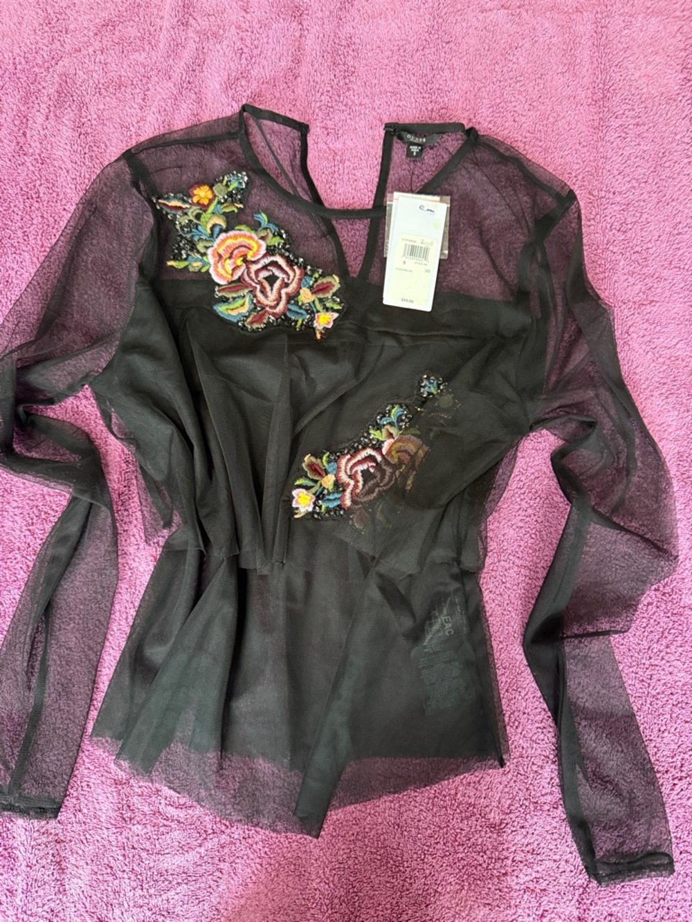 Guess Sheer Black Mesh Top with Multicolor Floral Embroidery